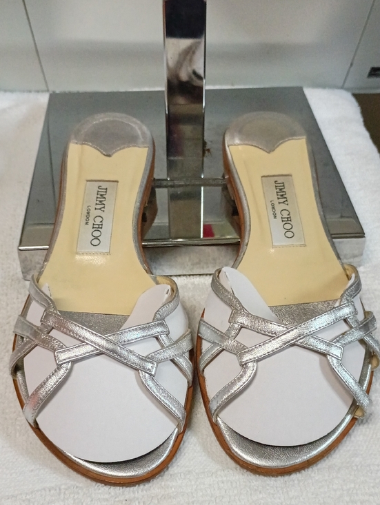 Jimmy Choo Shoes - Jimmy Choo White and Silver Leather Cross-Strap Slide Mules